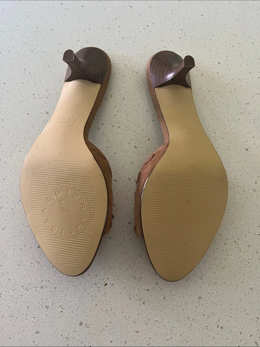 Isaac Mizrahi Tan Brown Open-Toe Slide Mules with Bow Accent